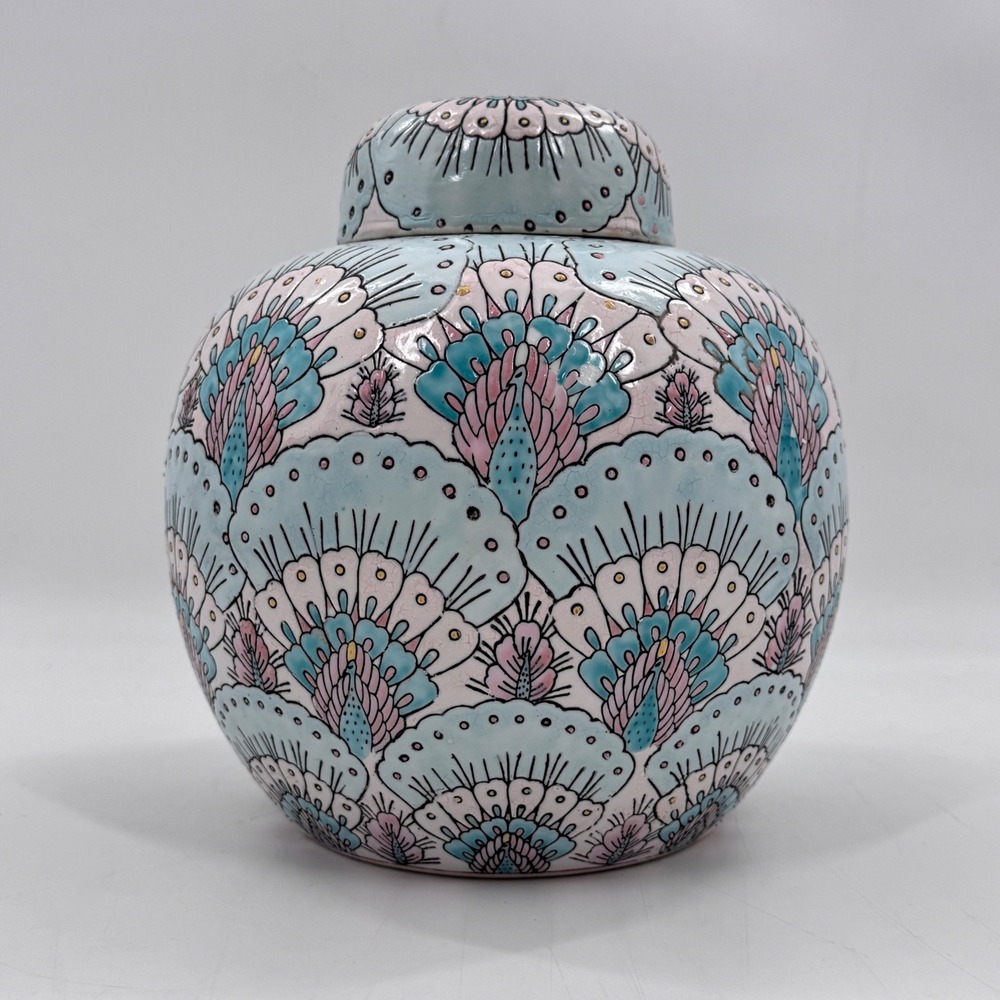 Vintage Chinese Porcelain Peacock Ginger Jar Lidded Pastel Pink Hand Painted 11"